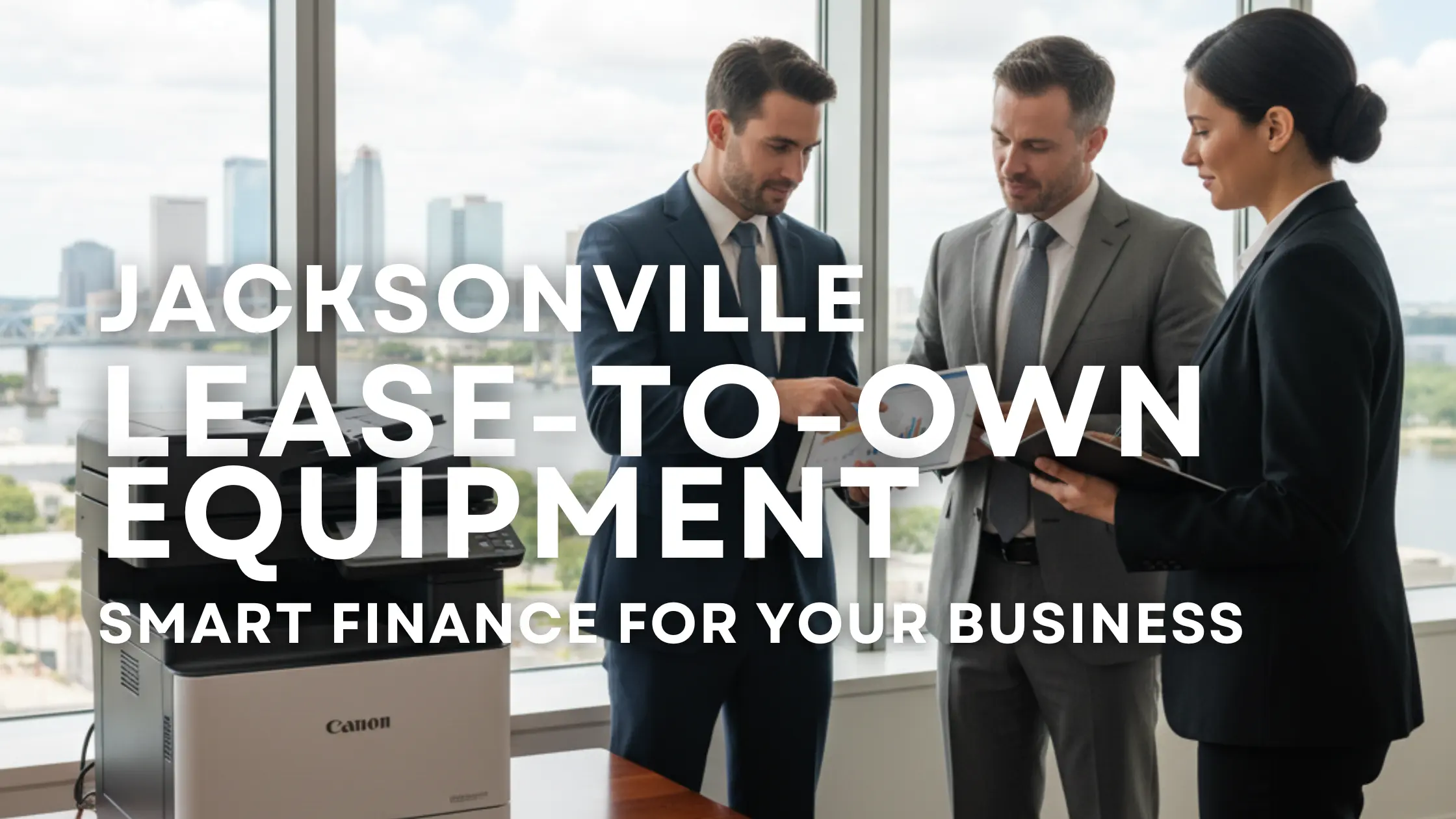Image symbolizing a financing transition, showing a modern business machine (copier or computer) next to documents labeled 'Lease' and 'Ownership', representing the Equipment Lease-to-Own Jacksonville financial strategy.