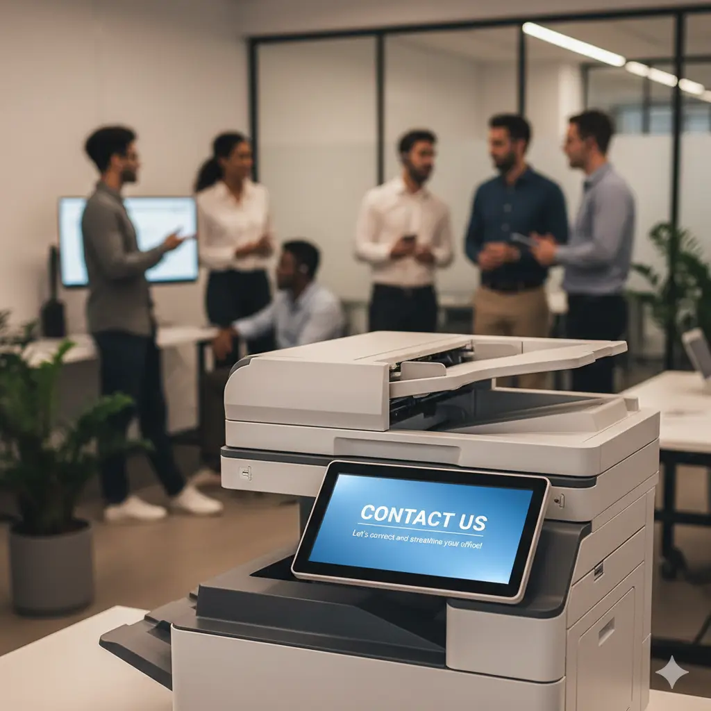 High-end multifunction copier (MFP) in a modern office with a team collaborating in the background, signaling professional copier sales and leasing services.