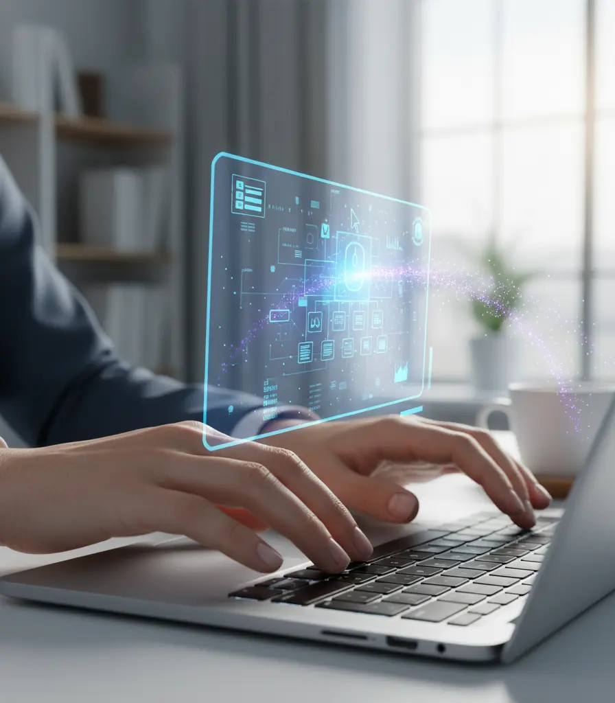 Remote computer support graphic showing a user's hand typing on a keyboard while a virtual cursor on the screen indicates real-time remote technical assistance.