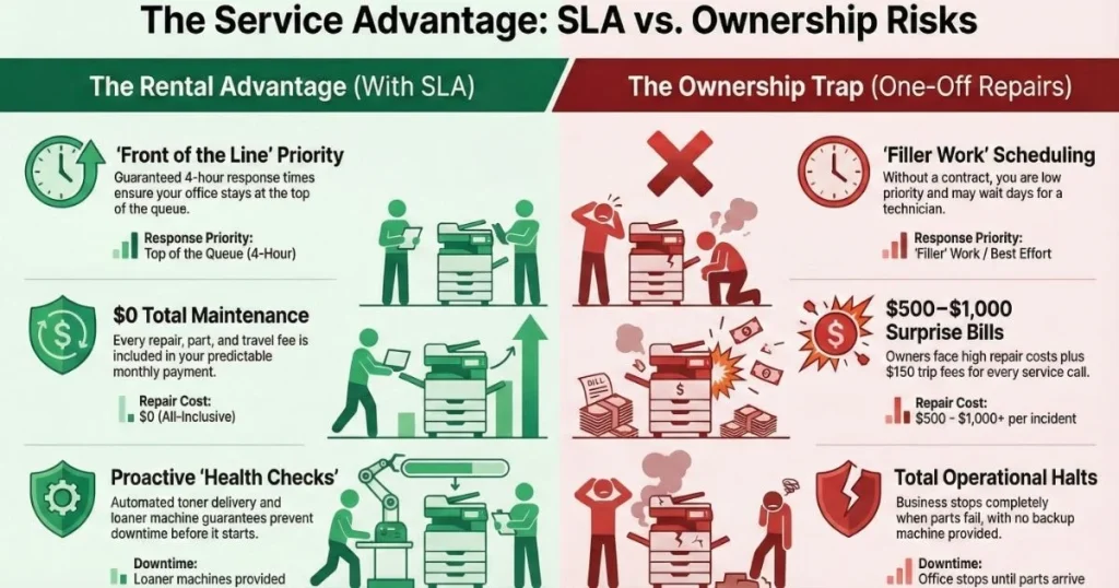 Comparison chart for Jacksonville offices showing rental benefits like guaranteed 4-hour response times versus ownership risks like $1,000 surprise repair bills.