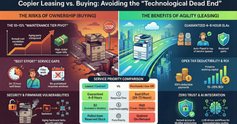 Infographic for Jacksonville businesses comparing copier ownership risks like 15% cost escalation versus leasing benefits like guaranteed 4-8 hour SLAs.
