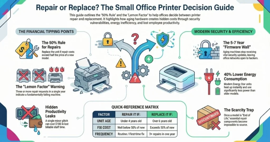 Infographic illustrating the financial tipping points for Printer Repair in Jacksonville, featuring a quick-reference decision matrix.