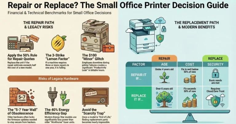Visual guide for Jacksonville businesses on Printer Repair, detailing the 50% rule, 3-strike lemon factor, and legacy hardware risks.