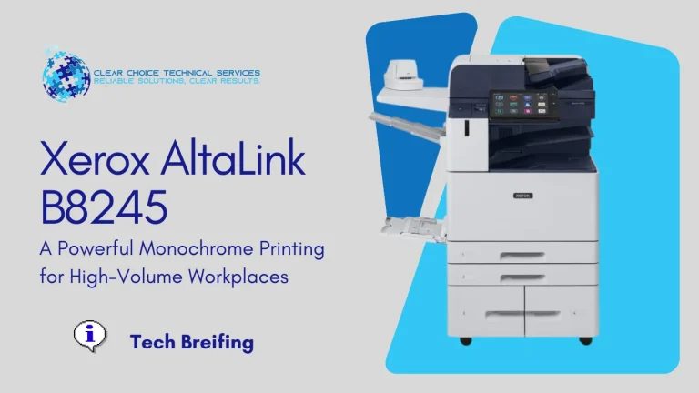 Xerox AltaLink B8245 black-and-white multifunction printer with high-capacity tandem tray and touchscreen, serving Jacksonville, FL 32256.
