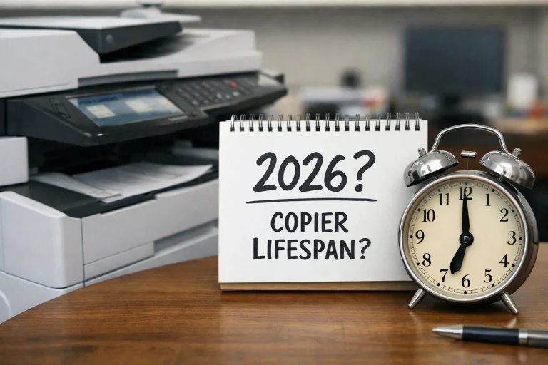 A desktop calendar and alarm clock next to an office copier questioning the average machine lifespan for Jacksonville businesses in 2026.