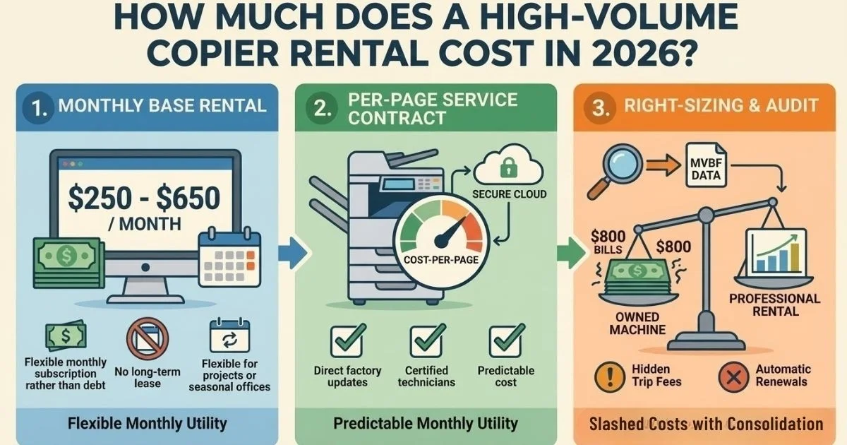Infographic showing a Jacksonville Copier Rental Cost between $250 and $650 per month, featuring flexible monthly subscriptions and no long-term debt.