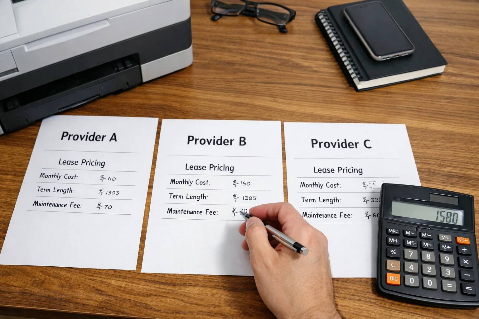 A business professional in Jacksonville comparing copier lease pricing quotes from three different providers including monthly costs and maintenance fees.