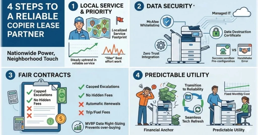 Comparison chart for a Reliable Copier Lease in Jacksonville, showcasing 4-hour response times, McAfee whitelisting, and no hidden service fees.