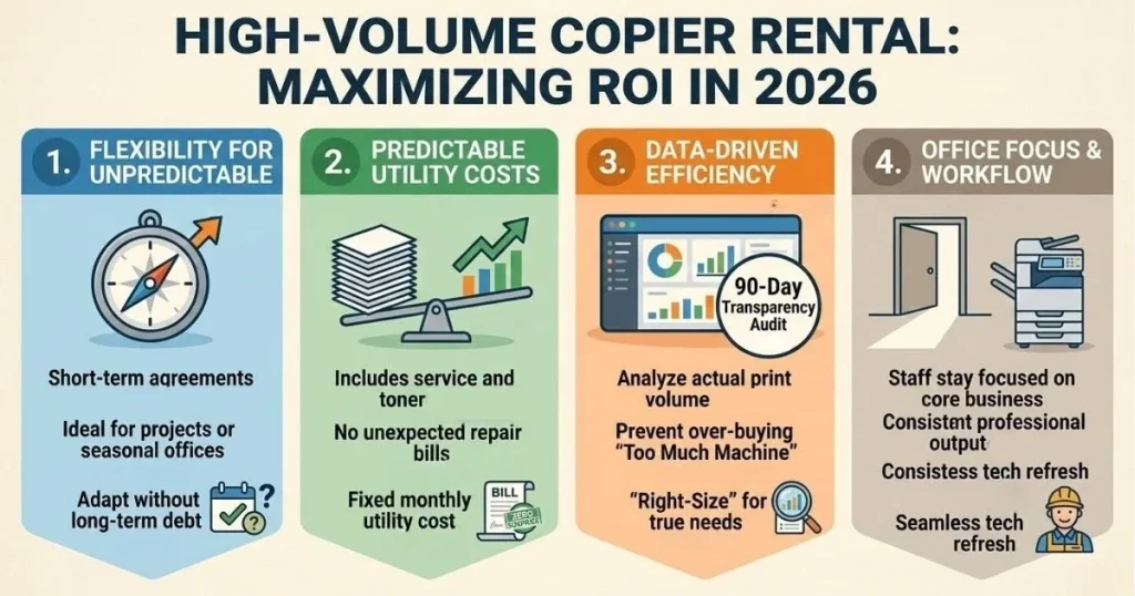 Four-step guide to maximizing ROI and managing Copier Rental Cost in Jacksonville through 90-day transparency audits and data-driven efficiency.