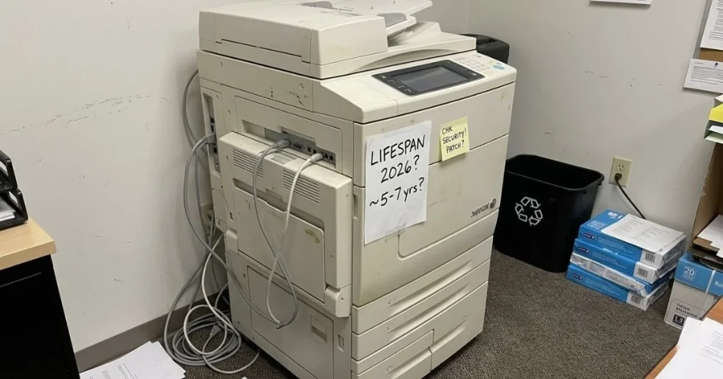 An older Xerox copier in a Jacksonville office corner with a handwritten note regarding its 2026 lifespan and security patch requirements.