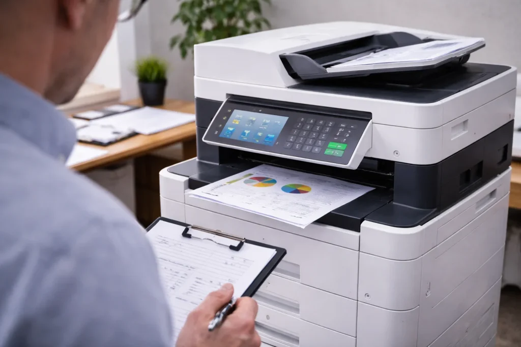 An office worker in Jacksonville, FL reviewing high-quality color charts from enterprise-grade multifunction copiers.
