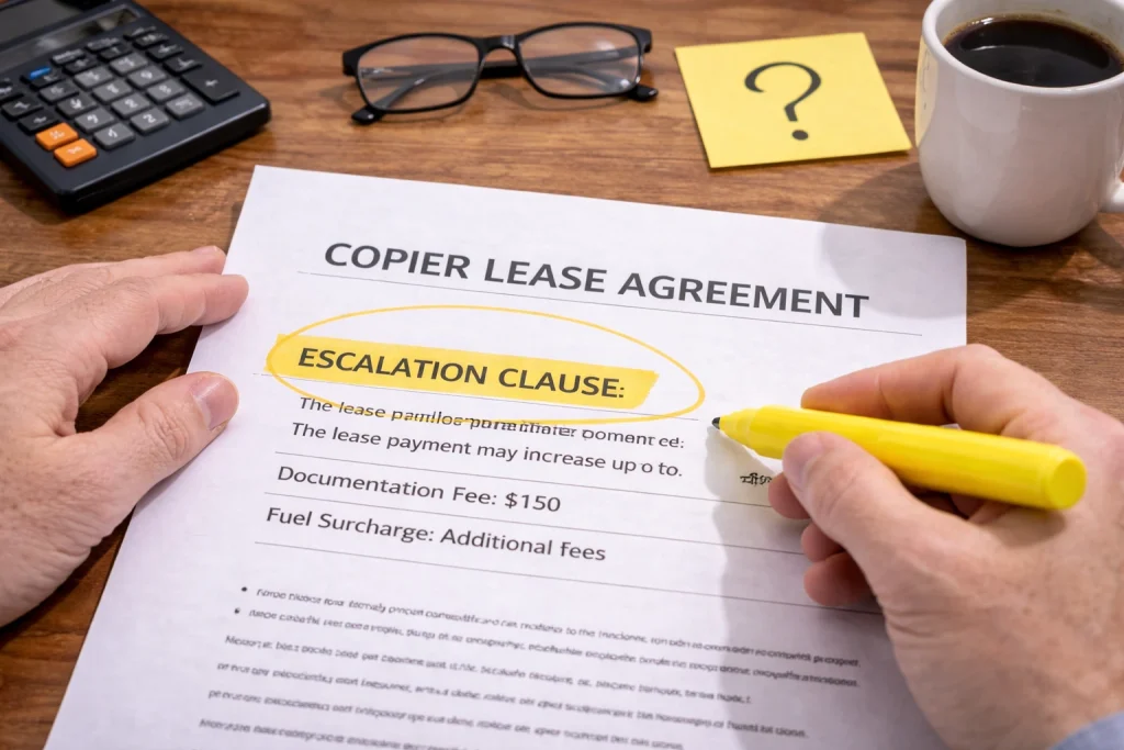 Hand highlighting a clause in a Jacksonville Copier Lease Agreement to ensure all terms are understood.