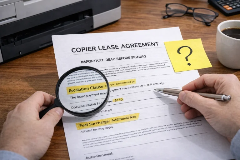 A business owner using a magnifying glass to inspect the fine print of Jacksonville Copier Lease Agreements.