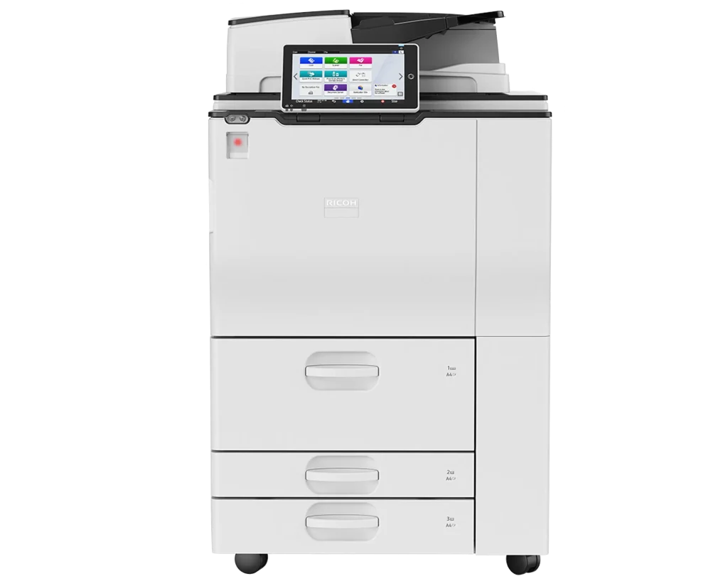A high-capacity Ricoh multi-function printer receiving professional on-site diagnostic and repair services in a Jacksonville corporate office.