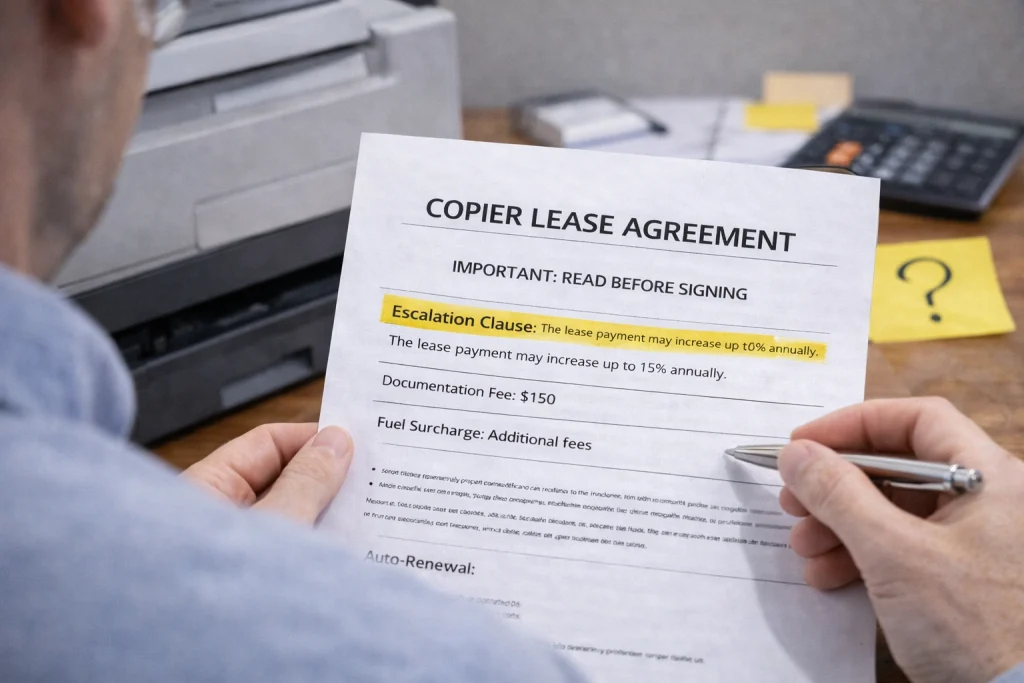 Person reviewing the "Important: Read Before Signing" section of Jacksonville Copier Lease Agreements.